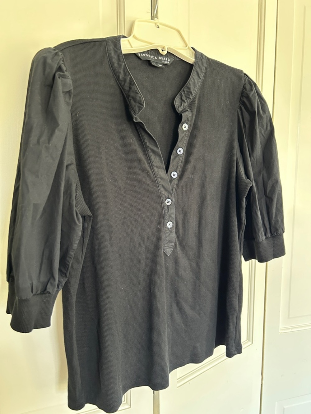 Veronica Beard Black Puff-Sleeve Henley Blouse - Picture 5 of 5
